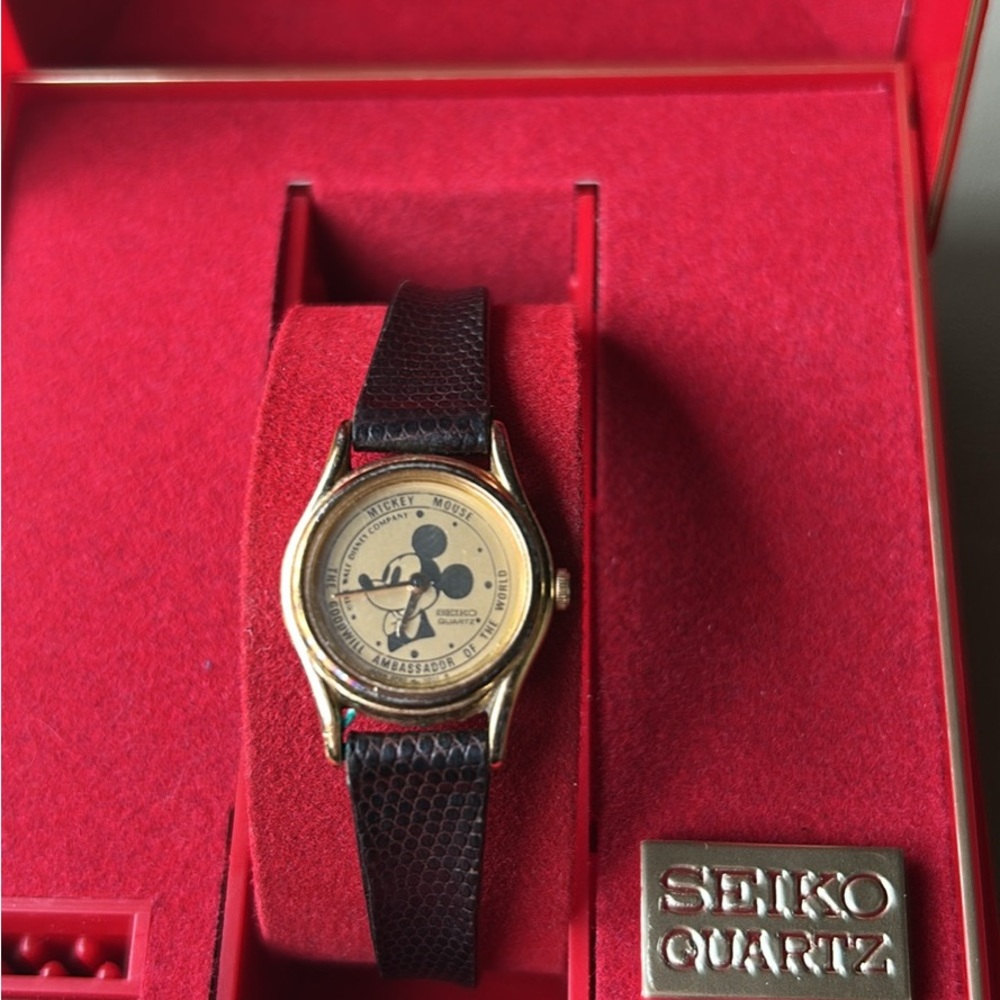 Vintage Seiko Gold Mickey Mouse Collectors Watch with Black Leather Band